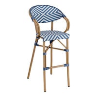 Lancaster Table & Seating Bistro Series Navy and White Chevron Weave Rattan Outdoor Arm Barstool