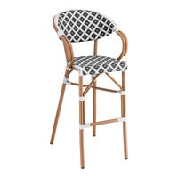 Lancaster Table & Seating Bistro Series Black and White Birdseye Weave Rattan Outdoor Arm Barstool