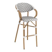 Lancaster Table & Seating Gray and White Chevron Weave Rattan Outdoor Arm Barstool