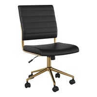 Martha Stewart Ivy Black Faux Leather Swivel Armless Office Chair with Polished Brass Finish