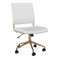 Martha Stewart Ivy White Faux Leather Swivel Armless Office Chair with Polished Brass Finish