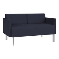 Lesro Luxe Lounge Series Open House Navy Fabric Loveseat with Upholstered Arms and Steel Legs