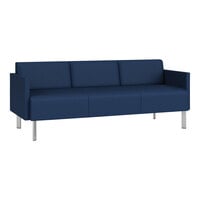 Lesro Luxe Lounge Series Patriot Plus Imperial Blue Vinyl 3-Seat Sofa with Upholstered Arms and Steel Legs
