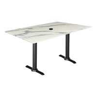 Holland Bar Stool EuroSlim 32" x 48" White Marble Indoor / Outdoor Table with End Column Base and Umbrella Hole