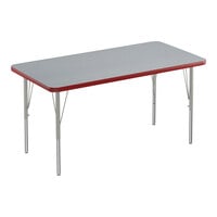 Correll 24" x 48" Rectangular Gray Granite 19"-29" Adjustable Height Thermal-Fused Laminate Top Activity Table with Silver Legs and Red T-Mold
