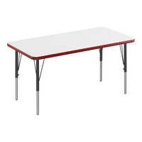 Correll 24" x 60" Rectangular White 19"-29" Adjustable Height High-Pressure Dry Erase Board Top Activity Table with Black Legs and Red T-Mold