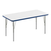 Correll 24" x 48" Rectangular White 19"-29" Adjustable Height High-Pressure Dry Erase Board Top Activity Table with Silver Legs and Blue T-Mold