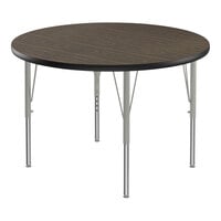 Correll Deluxe Round Walnut 19"-29" Adjustable Height High-Pressure Laminate Top Activity Table with Silver Legs and Black T-Mold