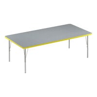 Correll 36" x 72" Rectangular Gray Granite 19"-29" Adjustable Height Thermal-Fused Laminate Top Activity Table with Silver Legs and Yellow T-Mold