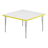 Correll 42" Square White 19"-29" Adjustable Height High-Pressure Dry Erase Board Top Activity Table with Silver Legs and Yellow T-Mold