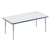 Correll 30" x 48" Rectangular White 19"-29" Adjustable Height High-Pressure Dry Erase Board Top Activity Table with Silver Legs and Blue T-Mold