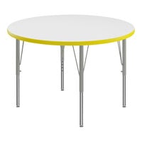 Correll 42" Round White 19"-29" Adjustable Height High-Pressure Dry Erase Board Top Activity Table with Silver Legs and Yellow T-Mold