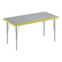 Correll 24" x 60" Rectangular Gray Granite 19"-29" Adjustable Height Thermal-Fused Laminate Top Activity Table with Silver Legs and Yellow T-Mold