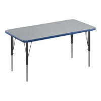 Correll 24" x 60" Rectangular Gray Granite 19"-29" Adjustable Height Thermal-Fused Laminate Top Activity Table with Black Legs and Blue T-Mold