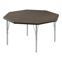 Correll Deluxe 48" Octagon Walnut 19"-29" Adjustable Height High-Pressure Laminate Top Activity Table with Silver Legs and Black T-Mold