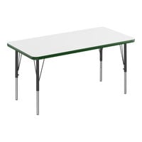 Correll 24" x 60" Rectangular White 19"-29" Adjustable Height High-Pressure Dry Erase Board Top Activity Table with Black Legs and Green T-Mold