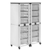 Luxor 36 1/2" x 36 1/2" x 57 1/2" Black / White Aluminum Mobile Double Side-by-Side Stacked Modular Storage Cabinet with 2 Whiteboards, 2 Pegboards, and 12 Large Bins MBS-STR-22-12L