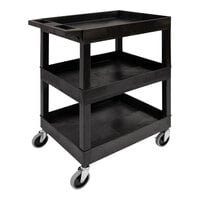 Luxor 27 1/4" x 18" x 37 1/4" Black Plastic 3-Shelf Utility Tub Cart with Heavy-Duty Casters SEC111HD-B