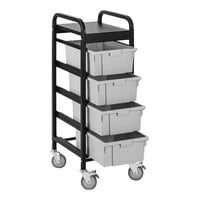 Luxor 14 3/4" x 17 1/2" x 41 1/2" Black / Gray Mobile Bin Storage Unit / Lug Cart with 4 Bins UCWS002 - 200 lb. Capacity
