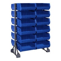 Quantum 36" x 20" x 53" Gray Steel Double-Sided Rail Rack with (48) 14 3/4" x 16 1/2" x 7" Blue Bins and (12) Rails QRU-12D-250-24BL