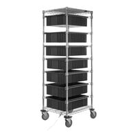 Quantum 21" x 24" x 69" Carbon Steel Mobile Bin Cart with 2 Wire Shelves and (7) 22 1/2" x 17 1/2" x 6" Black Conductive Bins BC212469M1CO
