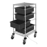 Quantum 21" x 24" x 45" Carbon Steel Mobile Bin Cart with 2 Wire Shelves and (4) 22 1/2" x 17 1/2" x 6" Black Conductive Bins BC212434M1CO