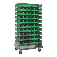 Quantum 36" x 25" x 72" Gray Steel Mobile Double-Sided Louvered Rack with (120) 10 7/8" x 5 1/2" x 5" Green Bins QMD-36H-230GN