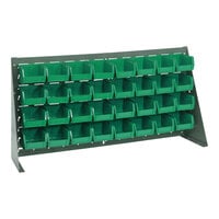 Quantum 36" x 8" x 19" Gray Steel Bench Rack with (32) 5 3/8" x 4 1/8" x 3" Green Bins QBR-3619-210-32GN