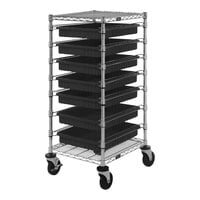 Quantum 21" x 24" x 45" Carbon Steel Mobile Bin Cart with 2 Wire Shelves and (7) 22 1/2" x 17 1/2" x 3" Black Conductive Bins BC212439M2CO