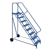 Vestil 23 9/16" x 14" 8-Step Steel Roll-A-Fold Ladder with 50-Degree Angled Grip Strut Steps LAD-RAF-8-24-G-EZ - 350 lb. Capacity
