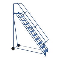 Vestil 23 9/16" x 14" 11-Step Steel Roll-A-Fold Ladder with 50-Degree Angled Grip Strut Steps LAD-RAF-11-24-G-EZ - 350 lb. Capacity