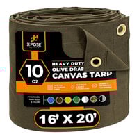 Xpose Safety 16' x 20' Olive Drab Heavy-Duty Weatherproof 10 oz. Poly Canvas Tarp CTOD10-1620