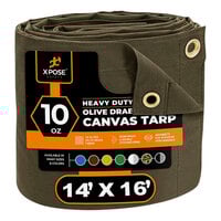 Xpose Safety 14' x 16' Olive Drab Heavy-Duty Weatherproof 10 oz. Poly Canvas Tarp CTOD10-1416