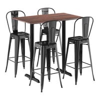 Lancaster Table & Seating Excalibur 27 1/2" x 47 3/16" Rectangular Textured Walnut Bar Height Table with 4 Alloy Series Black Outdoor Cafe Barstools
