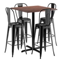 Lancaster Table & Seating Excalibur 36" x 36" Square Textured Walnut Bar Height Table with 4 Alloy Series Black Outdoor Cafe Barstools