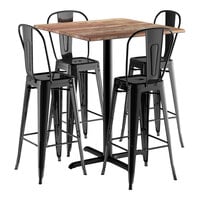 Lancaster Table & Seating Excalibur 36" x 36" Square Textured Yukon Oak Bar Height Table with 4 Alloy Series Onyx Black Outdoor Cafe Barstools