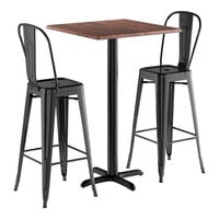 Lancaster Table & Seating Excalibur 27 1/2" x 27 1/2" Square Textured Walnut Bar Height Table with 2 Alloy Series Onyx Black Outdoor Cafe Barstools