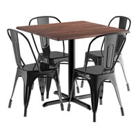 Lancaster Table & Seating Excalibur 36" x 36" Square Textured Walnut Standard Height Table with 4 Alloy Series Black Outdoor Cafe Chairs