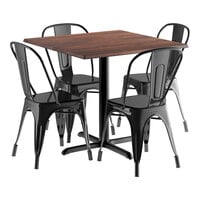 Lancaster Table & Seating Excalibur 36 inch x 36 inch Square Textured Walnut Standard Height Table with 4 Alloy Series Onyx Black Outdoor Cafe Chairs