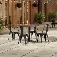 Lancaster Table & Seating Excalibur 36 inch x 36 inch Square Textured Walnut Standard Height Table with 4 Alloy Series Onyx Black Outdoor Cafe Chairs