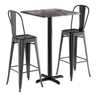 Lancaster Table & Seating Excalibur 27 1/2" x 27 1/2" Square Smooth Paladina Bar Height Table with 2 Alloy Series Onyx Black Outdoor Cafe Barstools