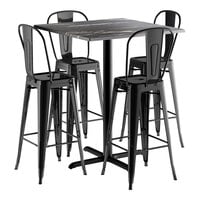 Lancaster Table & Seating Excalibur 36" x 36" Square Smooth Letizia Bar Height Table with 4 Alloy Series Onyx Black Outdoor Cafe Barstools
