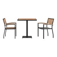 Flash Furniture Lark 30" x 30" Square Natural Faux Teak Slat Standard Height Table Set with 2 Stackable Arm Chairs