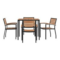 Flash Furniture Lark 35 1/4" x 35 1/4" Square Natural Faux Teak Slat Standard Height Table Set with 4 Stackable Arm Chairs