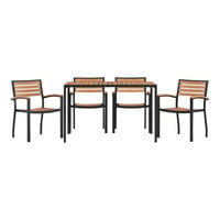 Flash Furniture Lark 30" x 48" Rectangular Natural Faux Teak Slat Standard Height Table Set with 4 Stackable Arm Chairs