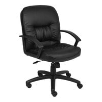Boss Black LeatherPlus Mid-Back Executive Chair with Black Nylon Base and Polypropylene Loop Arms