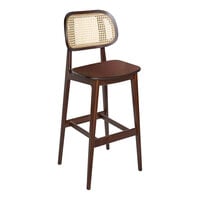 BFM Seating Emma Dark Walnut Barstool with Cane Back and Veneer Wood Seat