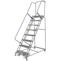 Ballymore M-2000 Series 9-Step Gray Steel Rolling Safety Ladder with Abrasive Mat Tread, 24" Wide Steps, and 14" Deep Top Step 093214R - 450 lb. Capacity