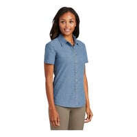 Port & Company LSP11 Women's Customizable Faded Blue Short Sleeve Denim Button-Down Shirt