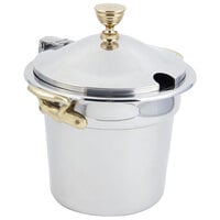 Bon Chef 5211WHCHR 10 5/8 inch x 8 1/4 inch Stainless Steel 7 Qt. Plain Design Soup Inset with Hinged Cover and Round Brass Handles